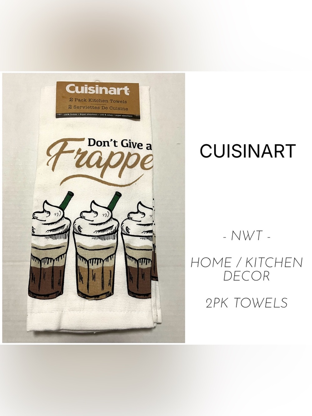 CUISINART - NWT - 2PK COFFEE / FRAPPE THEMED KITCHEN TOWELS - HAND / TEA TOWELS